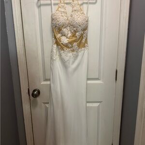 Elegant White and Gold Lace Gown